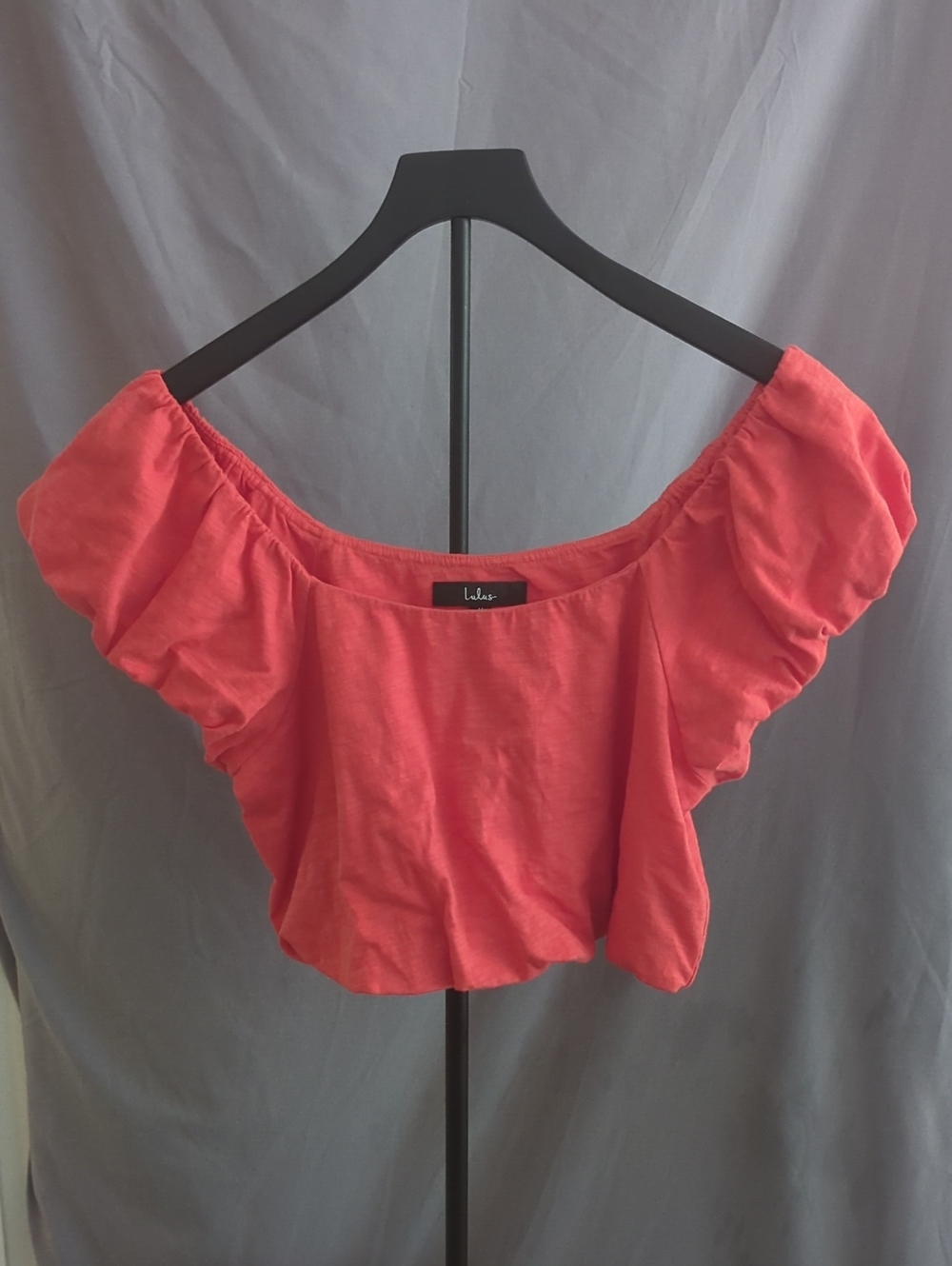 Lulu's Coral Pink Off-Shoulder Crop Top with Puff Sleeves